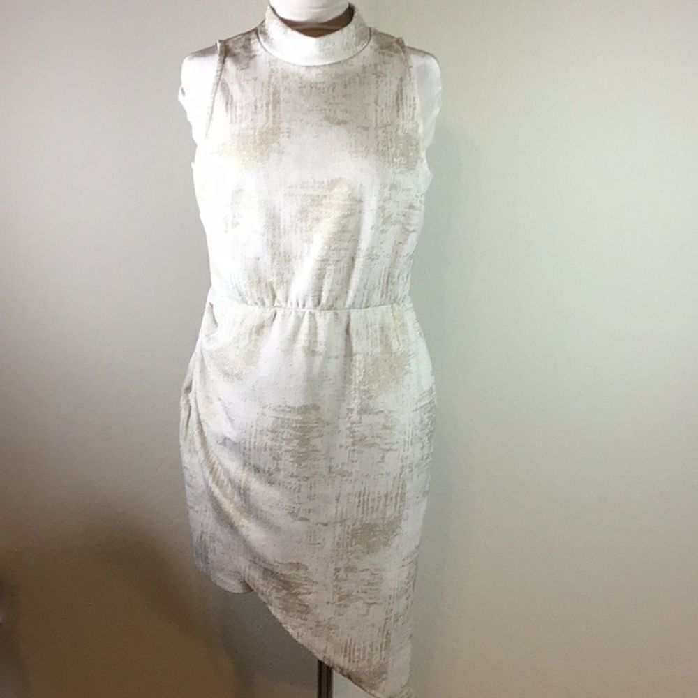 Venus Women’s Dress Metallic Gold Cream Mock Collar  Ruched Asymmetrical Size L